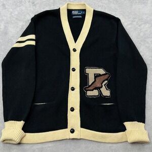 Polo Ralph Lauren Varsity Letterman Cardigan Size L Black Cream Mens P-Wing Ivy